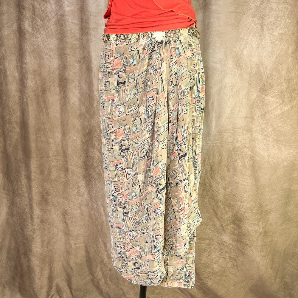 Vintage 90s Geometric Print Maxi Skirt Faux Wrap Silk Boho Coastal Beach Summer